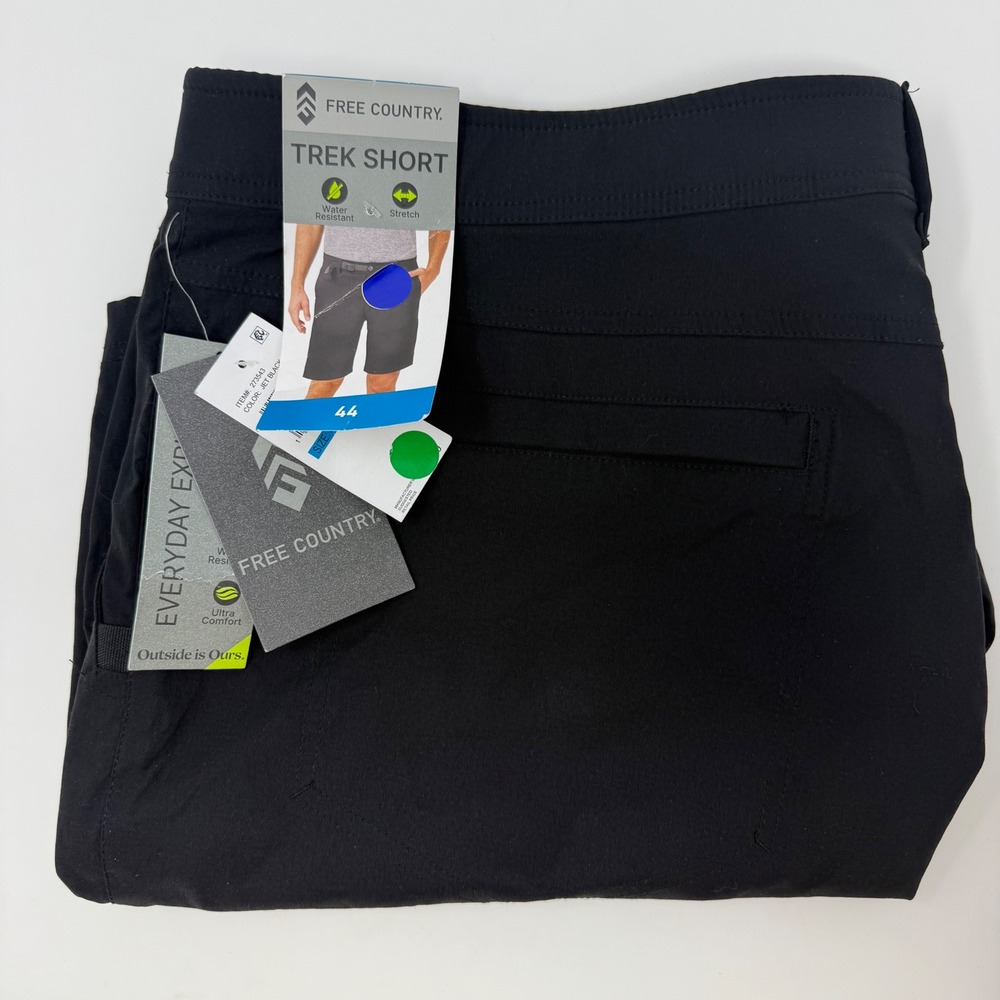 Free Country Mens Trek Shorts Jet‎ Black Water Resistant Stretch Size 44 NEW
